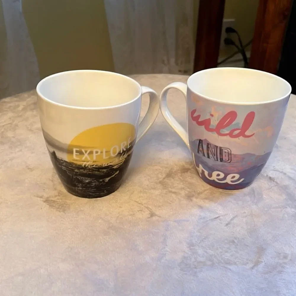 Pfaltzgraff Set of 2  Boho Travel *ADVENTURE* Coffee Cups Mugs EUC